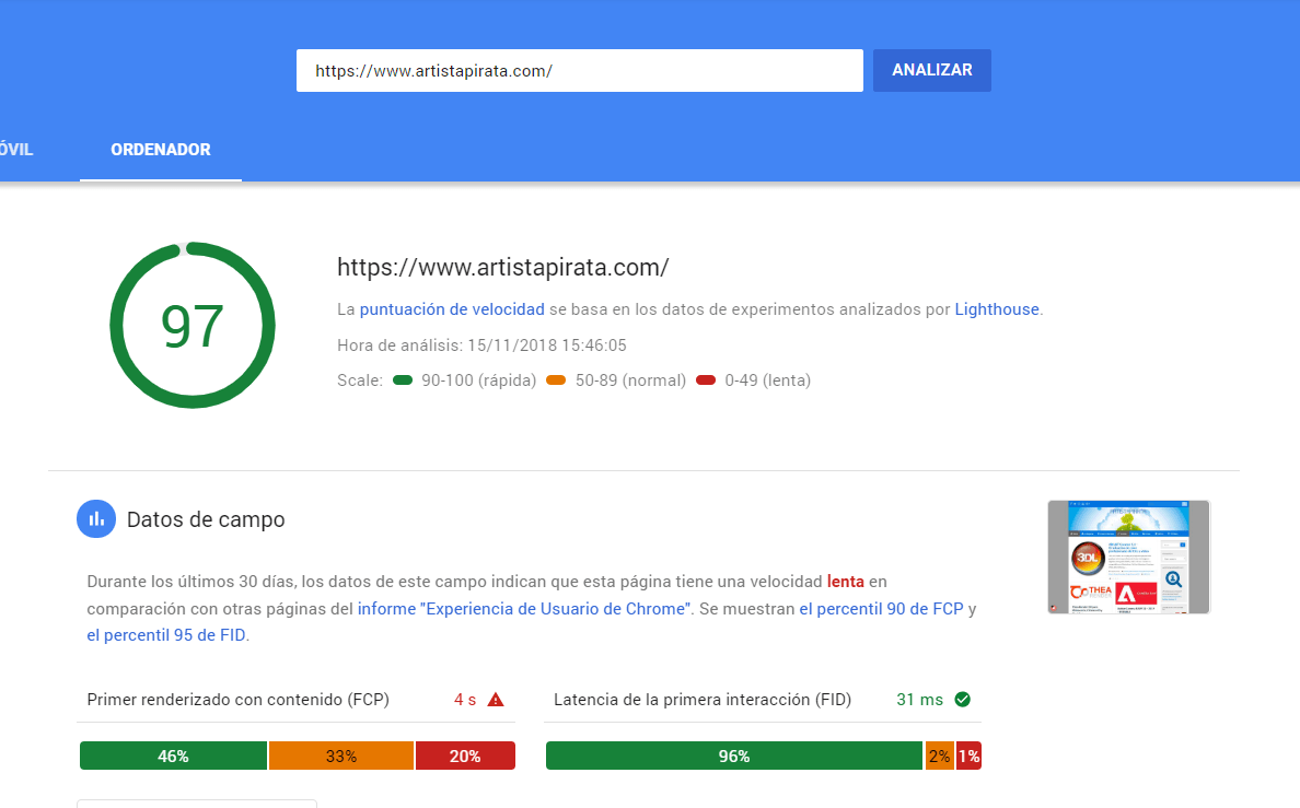 mejorada velocidad pagespeed artistapirata