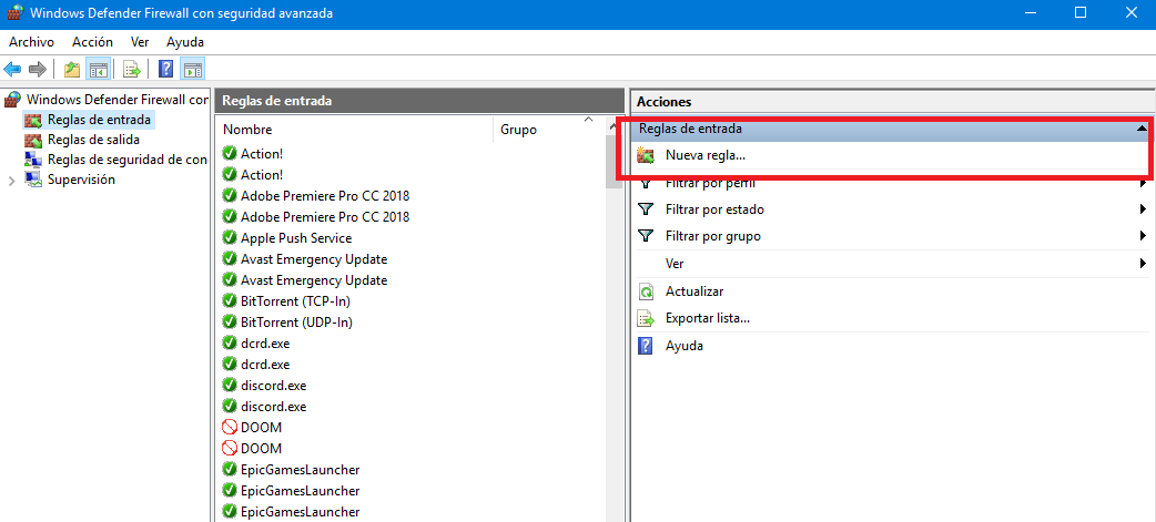 nueva regla firewall de windows